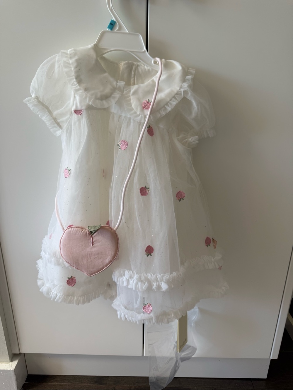 White Girls' Tulle Dress with Pink Strawberry Embroidery and Heart Bag